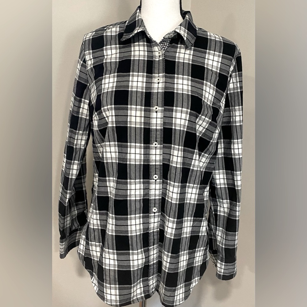 Talbots white and black plaid cotton blouse